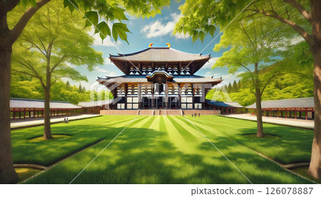 Todaiji Temple's Great Buddha Hall with young leaves and fresh greenery 126078887