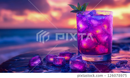 Refreshing purple cocktail with ice cubes, decorated with greenery, against the backdrop of a seascape at sunset. Refreshing purple cocktail with ice cubes, decorated with greenery, against the backdrop of a seascape at sunset. 126078975