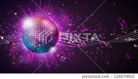 Party Celebration Illustration with Shiny Disco Ball with Reflective Surface and Flying Musical Notes on Bright Night Background. Vector Festival Design for Banner, Flyer, Greeting Card, Invitation or 126079002