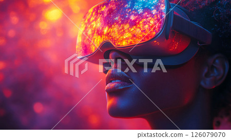 Close-up of a woman's face in VR glasses. The glasses reflect colorful, dynamic graphics. The lighting is done in red and purple tones. Close-up of a woman's face in VR glasses. The glasses reflect colorful, dynamic graphics. The lighting is done in red and purple tones. 126079070