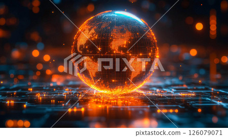 A digital globe in orange tones, on the background of a dark blue digital circuit. Glowing orange dots are located around the globe and on the surface. A digital globe in orange tones, on the background of a dark blue digital circuit. Glowing orange dots are located around the globe and on the surface. 126079071