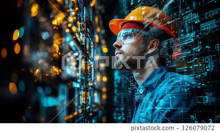 A man in an orange helmet and goggles, looking up and to the right. A complex network of glowing blue and gold lights is visible in the background, resembling electronic circuits. A man in an orange helmet and goggles, looking up and to the right. A complex network of glowing blue and gold lights is visible in the background, resembling electronic circuits. 126079072