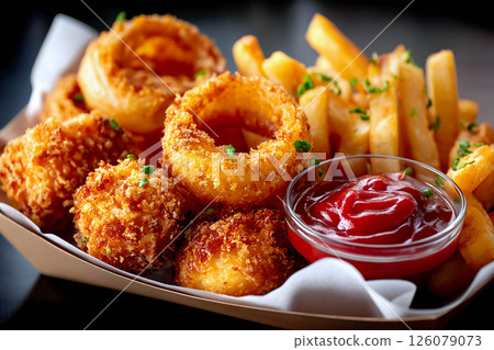 Onion rings, French fries served with sauce in a glass bowl. All this is located on a tray lined with white paper. Onion rings, French fries served with sauce in a glass bowl. All this is located on a tray lined with white paper. 126079073