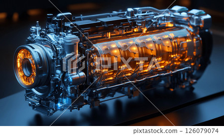 A car engine. It is partially transparent, which allows you to see the internal components illuminated by warm orange light. A car engine. It is partially transparent, which allows you to see the internal components illuminated by warm orange light. 126079074