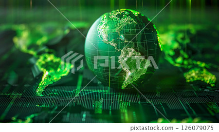 A globe in green tones and integrated into a schematic representation of continents and computer boards. A globe in green tones and integrated into a schematic representation of continents and computer boards. 126079075