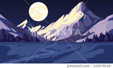 Pixel art mountain background at night. Seamless landscape backdrop of a pine forest, snow-capped peaks and a cloudy sky with moon. Nature horizontal vector illustration. Pixel art mountain background at night. Seamless landscape backdrop of a pine forest, snow-capped peaks and a cloudy sky with moon. Nature horizontal vector illustration. 126079139