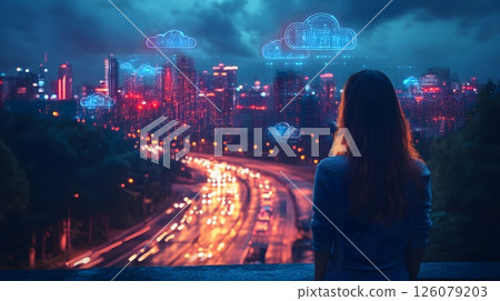 smart city lights with 5G and cloud icons, 126079203