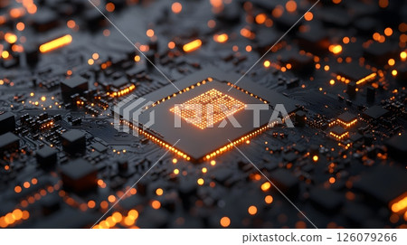 AI chip glowing in digital circuit board, 126079266