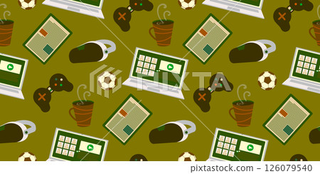 Man concept design notebook, tablet, soccer ball, coffee cup, video game controller, gamepad and virtual reality glasses seamless pattern. Fathers day background. Flat style vector illustration Man concept design notebook, tablet, soccer ball, coffee cup, video game controller, gamepad and virtual reality glasses seamless pattern. Fathers day background. Flat style vector illustration 126079540
