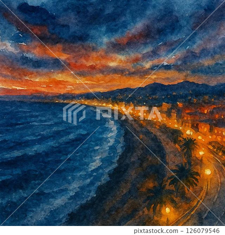 The contrast between the warm city lights and the quiet sea 126079546