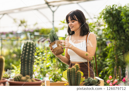 Woman choosing cactus plant in garden center greenhouse 126079712