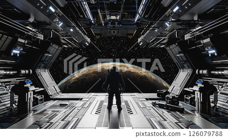 Astronaut observing planet from spaceship hangar bay: futuristic space exploration. 3d render Astronaut observing planet from spaceship hangar bay: futuristic space exploration. 3d render 126079788