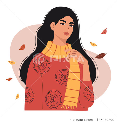 Beautiful Woman with Long Black Hair in Scarf with Autumn Leaves. Cute Female Autumnal Portrait. Vector illustration 126079890