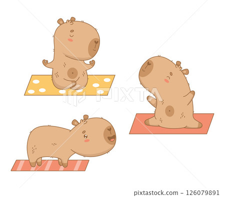 Cute capybara meditation on yoga mat. Funny isolated Cartoon kawaii character animal sportsman plays sports and stretching on white background. Vector illustration. 126079891