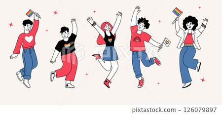 Happy LGBTQ People Dancing. Pride Month. LGBT community, holiday Gay and lesbians with rainbow symbols and flags set. Minimalist isolate hand Doodle drawing. Vector Illustration Happy LGBTQ People Dancing. Pride Month. LGBT community, holiday Gay and lesbians with rainbow symbols and flags set. Minimalist isolate hand Doodle drawing. Vector Illustration 126079897