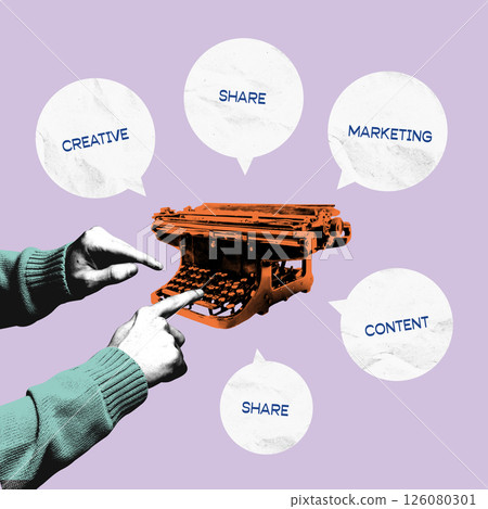 Contemporary art collage. Orange typewriter surrounded by speech bubbles labeled CREATIVE SHARE CONTENT MARKETING. Contemporary art collage. Orange typewriter surrounded by speech bubbles labeled CREATIVE SHARE CONTENT MARKETING. 126080301