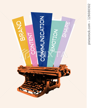 Contemporary art collage. Colorful content pillars labeled BRAND CONTENT COMMUNICATION EMOTION SHARE emerge from vintage typewriter. Contemporary art collage. Colorful content pillars labeled BRAND CONTENT COMMUNICATION EMOTION SHARE emerge from vintage typewriter. 126080302