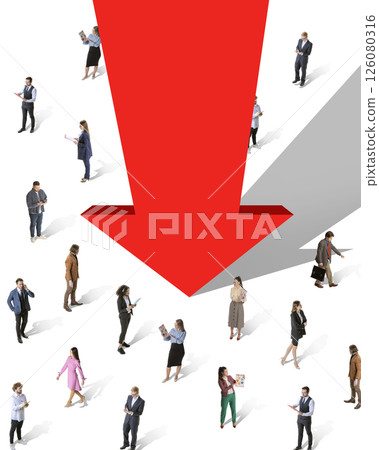Contemporary composite image. Crowd surrounded by massive red downward arrow symbolizing unstoppable crash of financial system. Contemporary composite image. Crowd surrounded by massive red downward arrow symbolizing unstoppable crash of financial system. 126080316