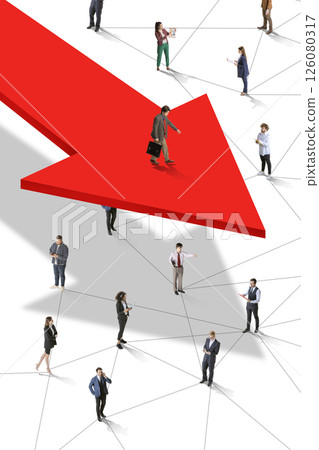 Modern conceptual design. Large red arrow floats above network of people showing overwhelming market pressure. Shadow symbolizes economic threat. 126080317