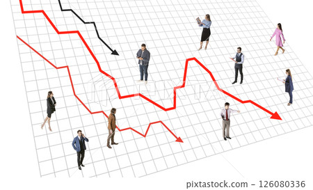 Banner. Contemporary artwork. People standing on grid surrounded by multiple red and black falling lines showing dramatic economic crash. 126080336