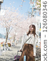 Woman traveling during cherry blossom season 126080346