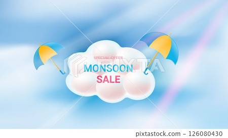 Great Monsoon Sale design poster template with colorful umbrellas flying in clouds and lettering on stylized cloud. Vector 126080430