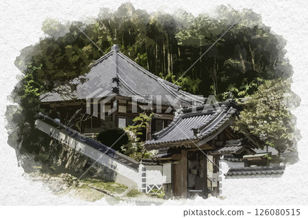 水彩畫風格：岡山縣久米南町丹上寺、淨土院六角堂 126080515