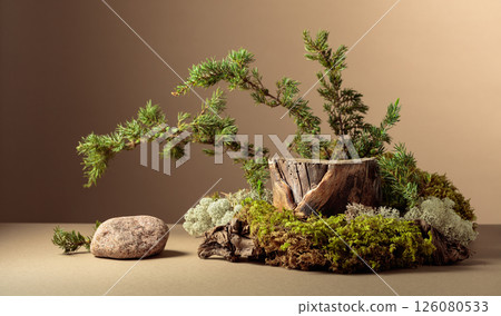 Composition with natural wood, moss and juniper branches. Composition with natural wood, moss and juniper branches. 126080533