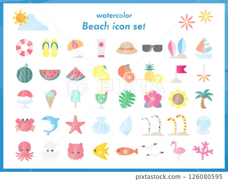 簡單的海灘和海洋生物水彩風格向量插圖集 簡單的海灘和海洋生物水彩風格向量插圖集 126080595