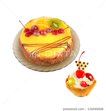 Fruit cake and pastry with cream and fruits isolated on white background. 126080806