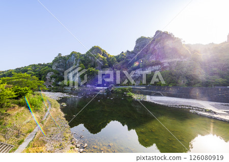 A view of the Aonodo Cave and the Yamakuni River as the morning sun shines through A view of the Aonodo Cave and the Yamakuni River as the morning sun shines through 126080919