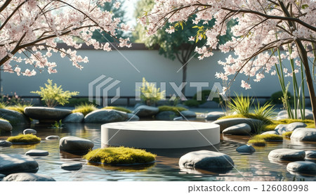 serene Japanese inspired garden with circular stone platform surrounded by tranquil pond, moss covered rocks, and blooming cherry blossom trees. peaceful ambiance is enhanced by soft sunlight 126080998