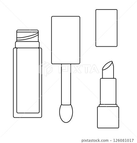 Lipstick and lip gloss isolated. Vector graphic line illustration. Black and white kawaii icon. For poster, party invitation, backdrop, ad, sale promotion, print for t-shirt 126081017