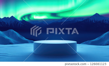 circular white podium stands on snowy landscape under vibrant green aurora borealis, surrounded by majestic mountain peaks and serene night sky. 126081123