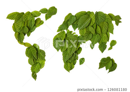 Mockup of world map is made of green leaf isolated on white background. Ecology concept. World Nature Conservation Day. Earth day 2025 concept and green recycling. World Environment Day 126081180