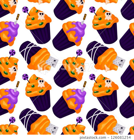 Seamless Halloween cupcake pattern with spooky decoration, candy, purple icing and mummy wrappers on white background. Perfect cartoon style design for festive decor, party theme and seasonal package. 126081254