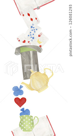 Seamless border watercolor illustration hand painted Alice in Wonderland: top hat , playing card, book, cup and teapot. Use it for postcards, invitations and scrapbooking, bookmarking, stationery Seamless border watercolor illustration hand painted Alice in Wonderland: top hat , playing card, book, cup and teapot. Use it for postcards, invitations and scrapbooking, bookmarking, stationery 126081293