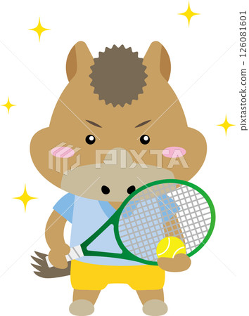 可愛的馬角色打網球 | 2026 馬年生肖插畫 126081601