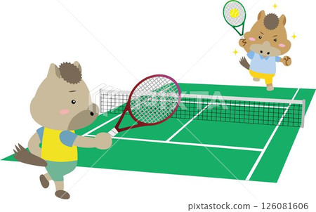 可愛的馬角色打網球 | 2026 馬年生肖插畫 126081606