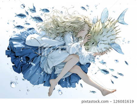 Illustration material of a surprised and inflated pufferfish and a pufferfish fairy calming it down, along with other fish Illustration material of a surprised and inflated pufferfish and a pufferfish fairy calming it down, along with other fish 126081619
