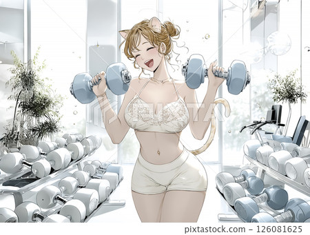 貓仙子在體育館進行肌肉訓練的插圖素材 126081625