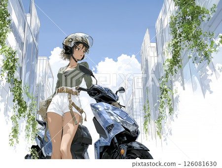 Illustration of a young woman shopping on a scooter Illustration of a young woman shopping on a scooter 126081630