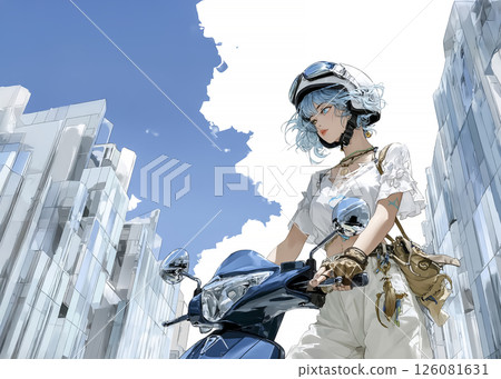 Illustration of a young woman shopping on a scooter Illustration of a young woman shopping on a scooter 126081631