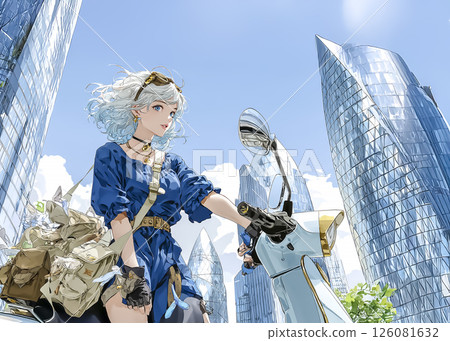 Illustration of a young woman shopping on a scooter Illustration of a young woman shopping on a scooter 126081632