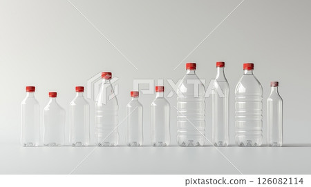 Group of Empty Plastic Bottles with Red Caps in Various Sizes 126082114