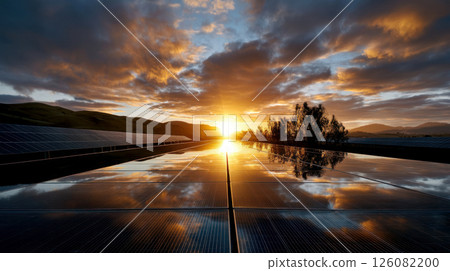Solar farm and sunlight at sunset. Solar power for green energy. Sustainable renewable energy. Photovoltaic power plant or solar park. Solar panel installation and maintenance concept. Energy 126082200