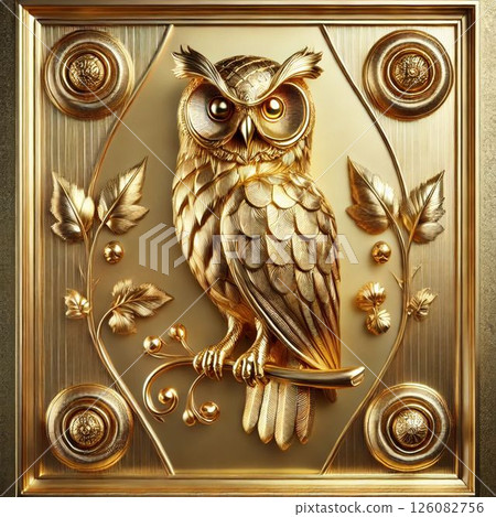 Luxury decorative relief art of a golden owl 126082756
