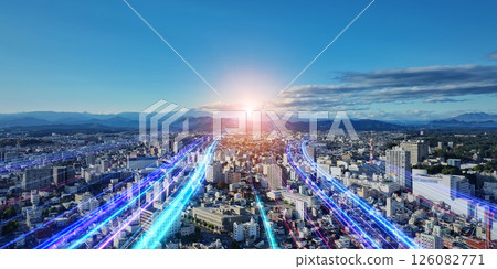 Road to the future running through the city Horizontal visual for banners and advertisements 126082771
