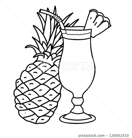 Pina Colada Cocktail and Pineapple Composition. Tropical Summer Alcoholic Drink in Hurricane glass with straw. Hand drawn Vector illustration in Doodle style isolated on background. For Beach Bar menu 126082810