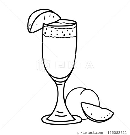 Bellini cocktail and Peach whole fruit and slice Composition. Summer alcoholic Drink with Prosecco and Peach nectar. Hand drawn Black and White Vector illustration in Doodle style isolated. For Beach 126082811